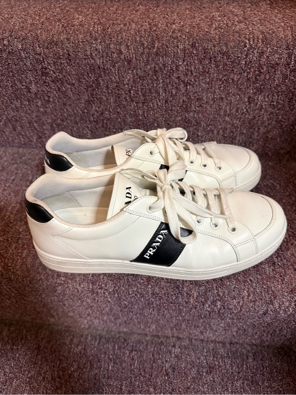 Prada White Leather Low-Top Sneakers with Black Logo Stripe